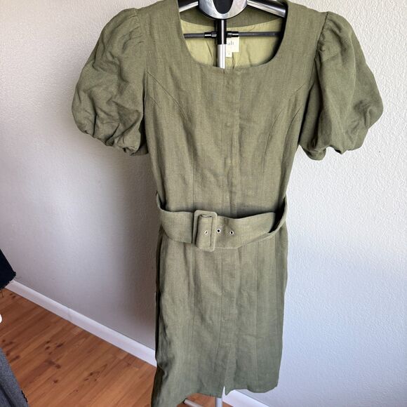 Roolee Salt Puff Sleeve Ramie Cotton Natural Snap Front Belted Modest Dress M - Picture 1 of 5